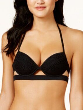 Hula Honey Little Wild One Underwire Push up Halter Bikini Top Black Small